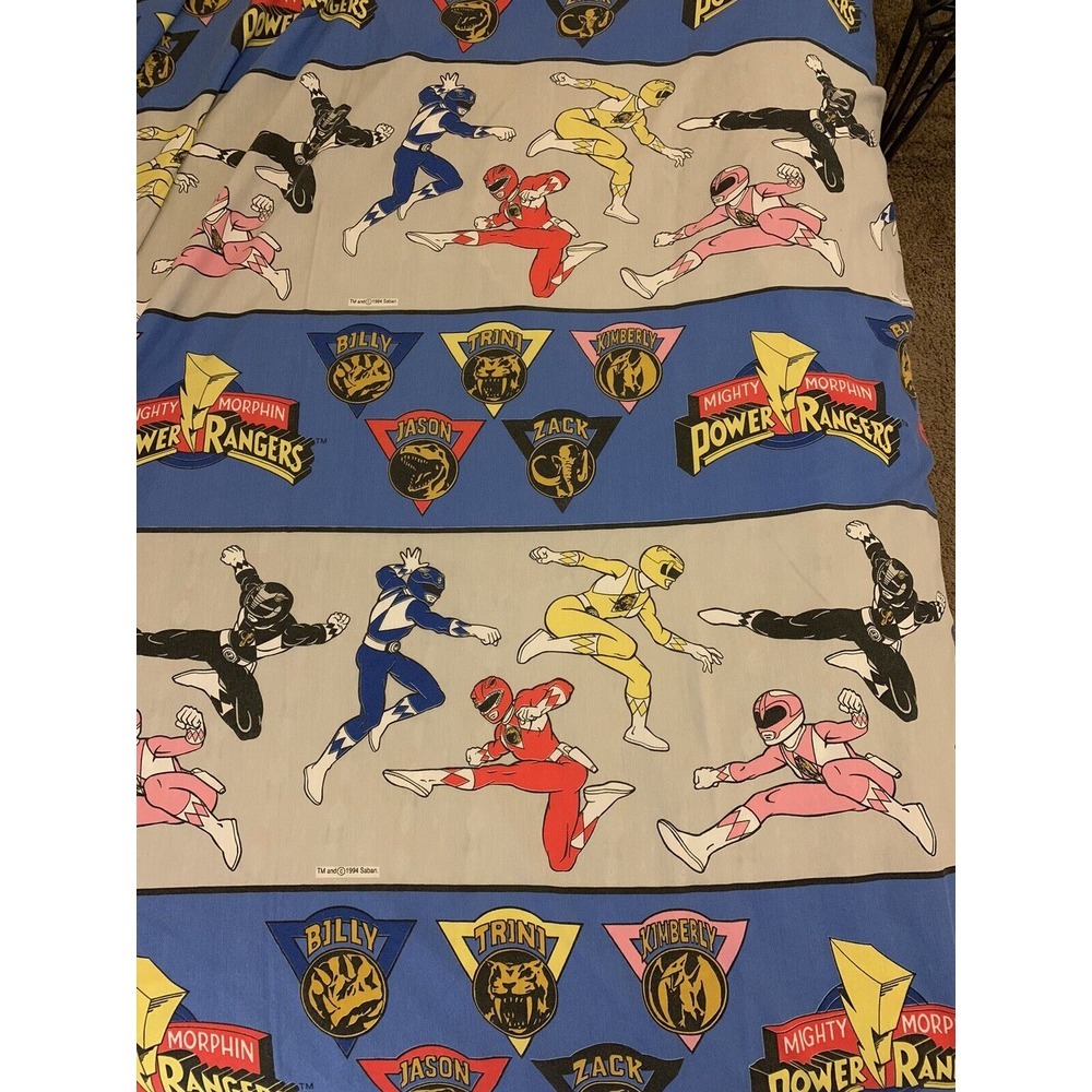 Vintage Mighty Morphin Power Rangers 1994 Bed Flat Sheet Saban Material Fabric